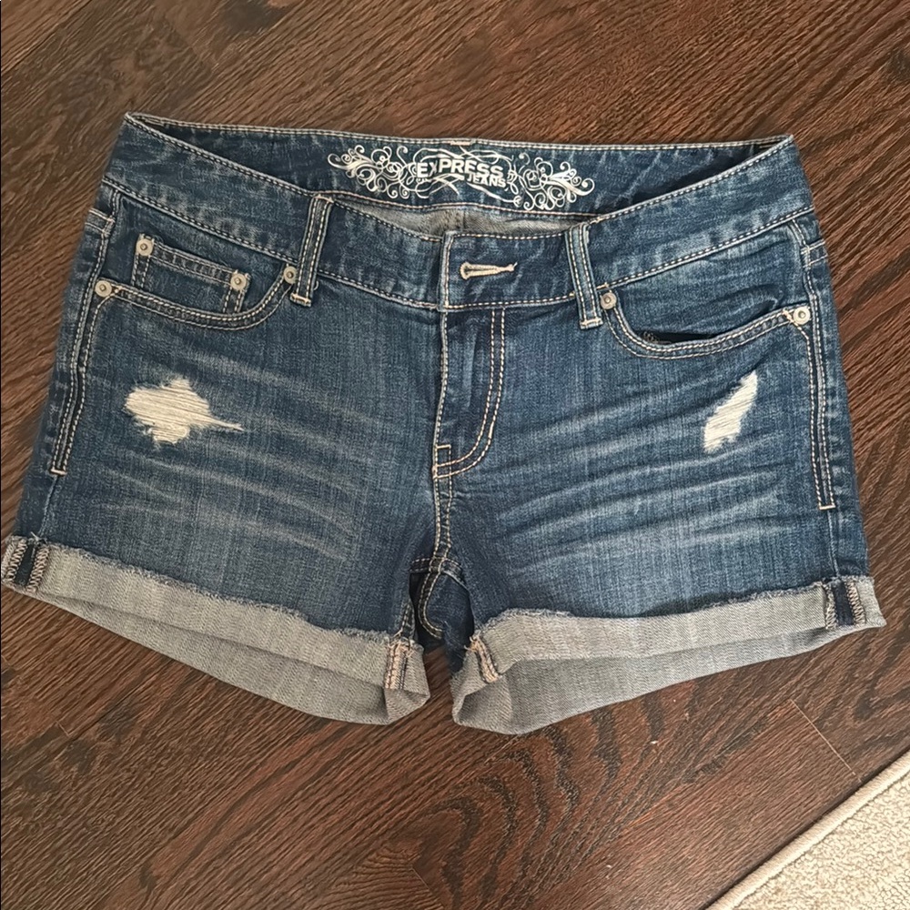 Express Blue Jean Shorts with Distressed Look